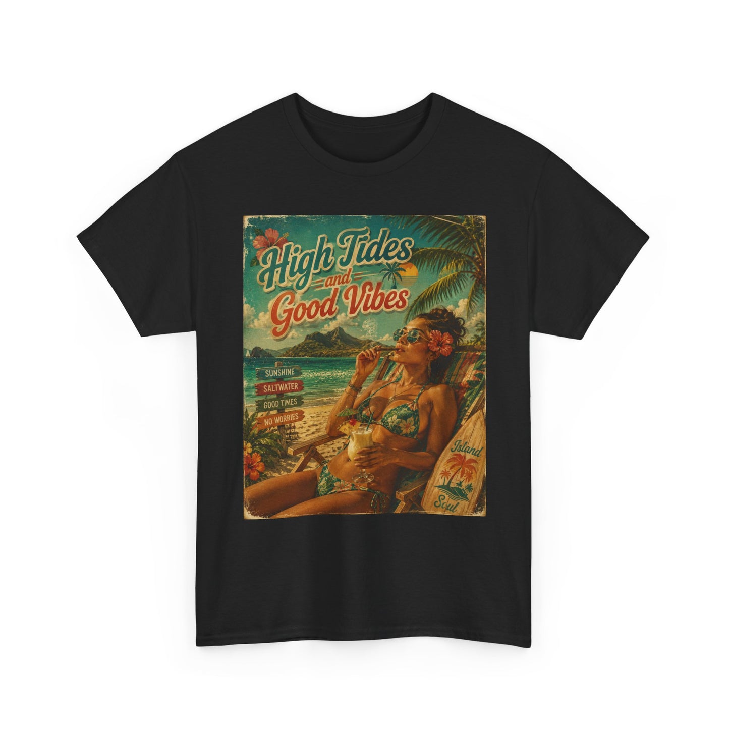High Tides Good Vibes Surf Poster T-Shirt | Vintage Beach Scene