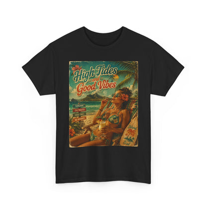 High Tides Good Vibes Surf Poster T-Shirt | Vintage Beach Scene