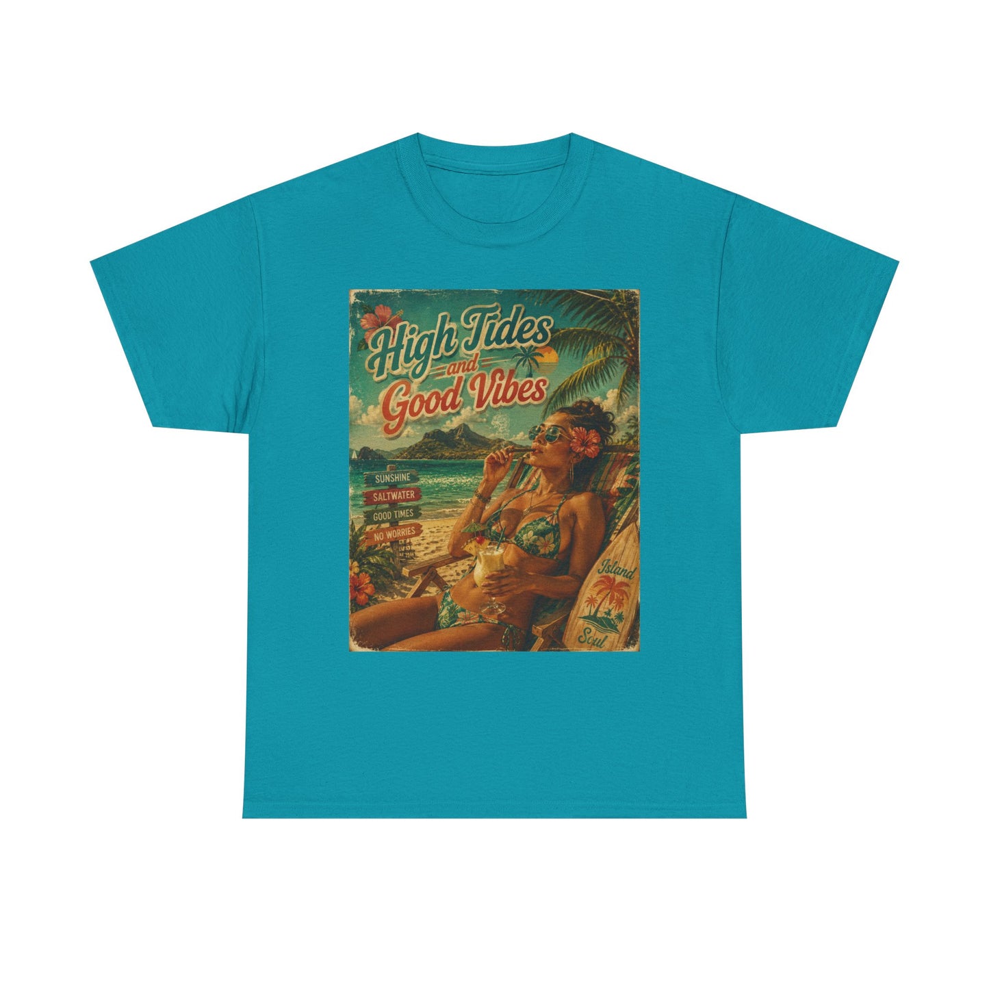 High Tides Good Vibes Surf Poster T-Shirt | Vintage Beach Scene