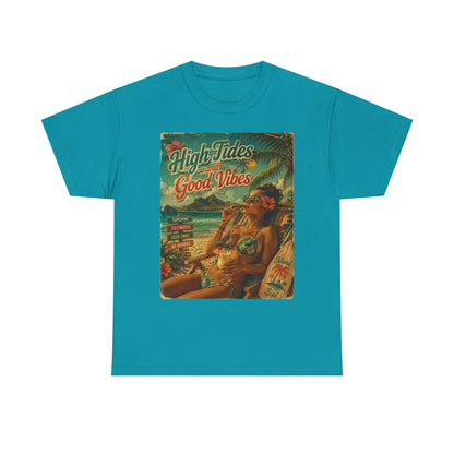 High Tides Good Vibes Surf Poster T-Shirt | Vintage Beach Scene