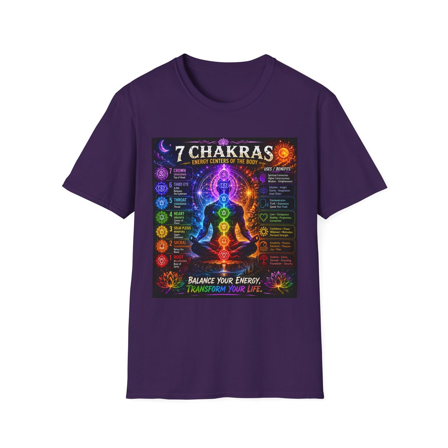 7 Chakras Energy Centers T-Shirt | Chakra Alignment Illustration