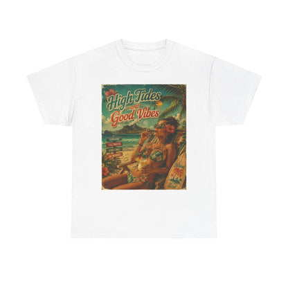 High Tides Good Vibes Surf Poster T-Shirt | Vintage Beach Scene