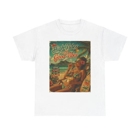 High Tides Good Vibes Surf Poster T-Shirt | Vintage Beach Scene
