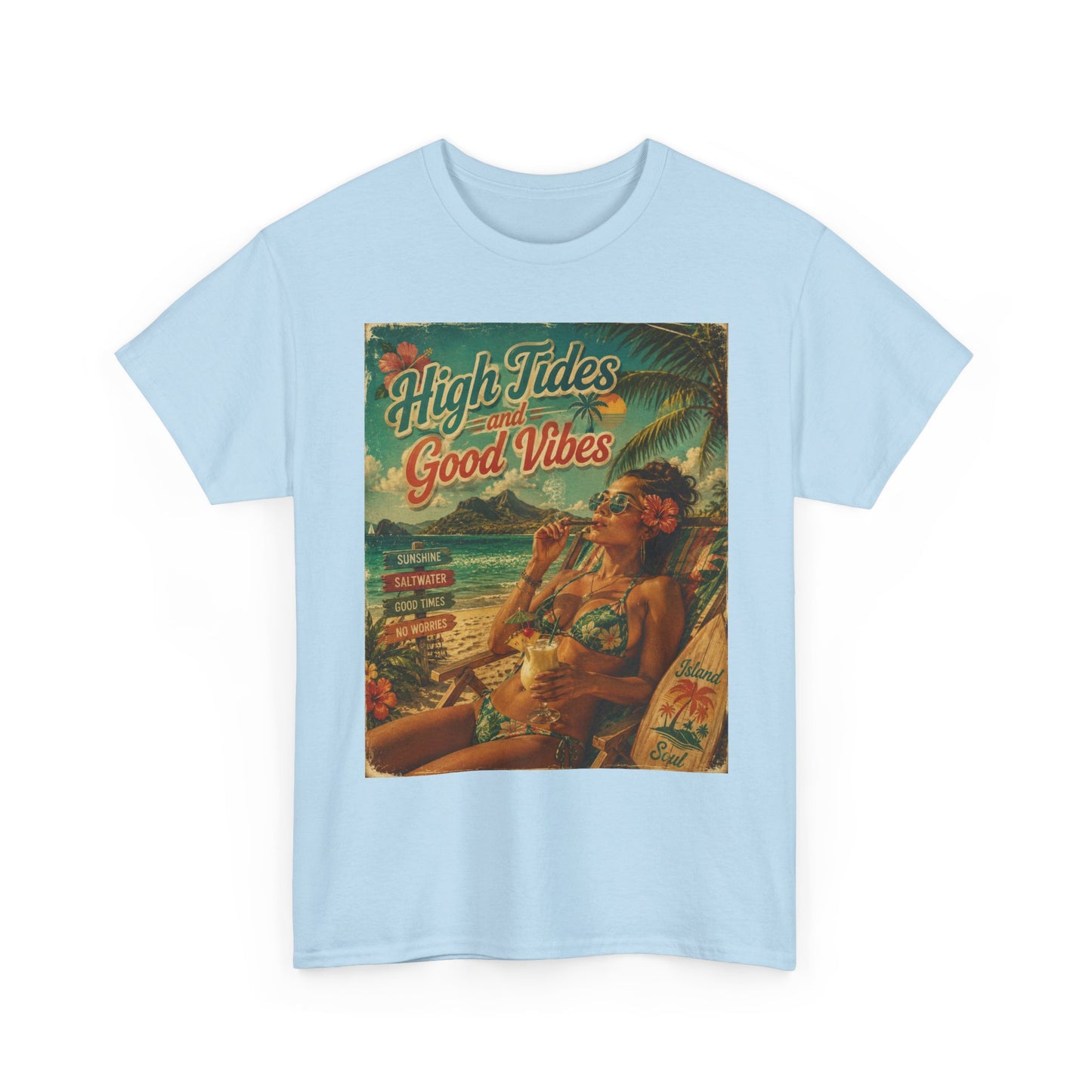 High Tides Good Vibes Surf Poster T-Shirt | Vintage Beach Scene