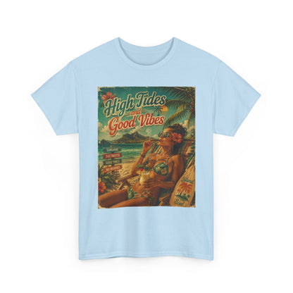 High Tides Good Vibes Surf Poster T-Shirt | Vintage Beach Scene