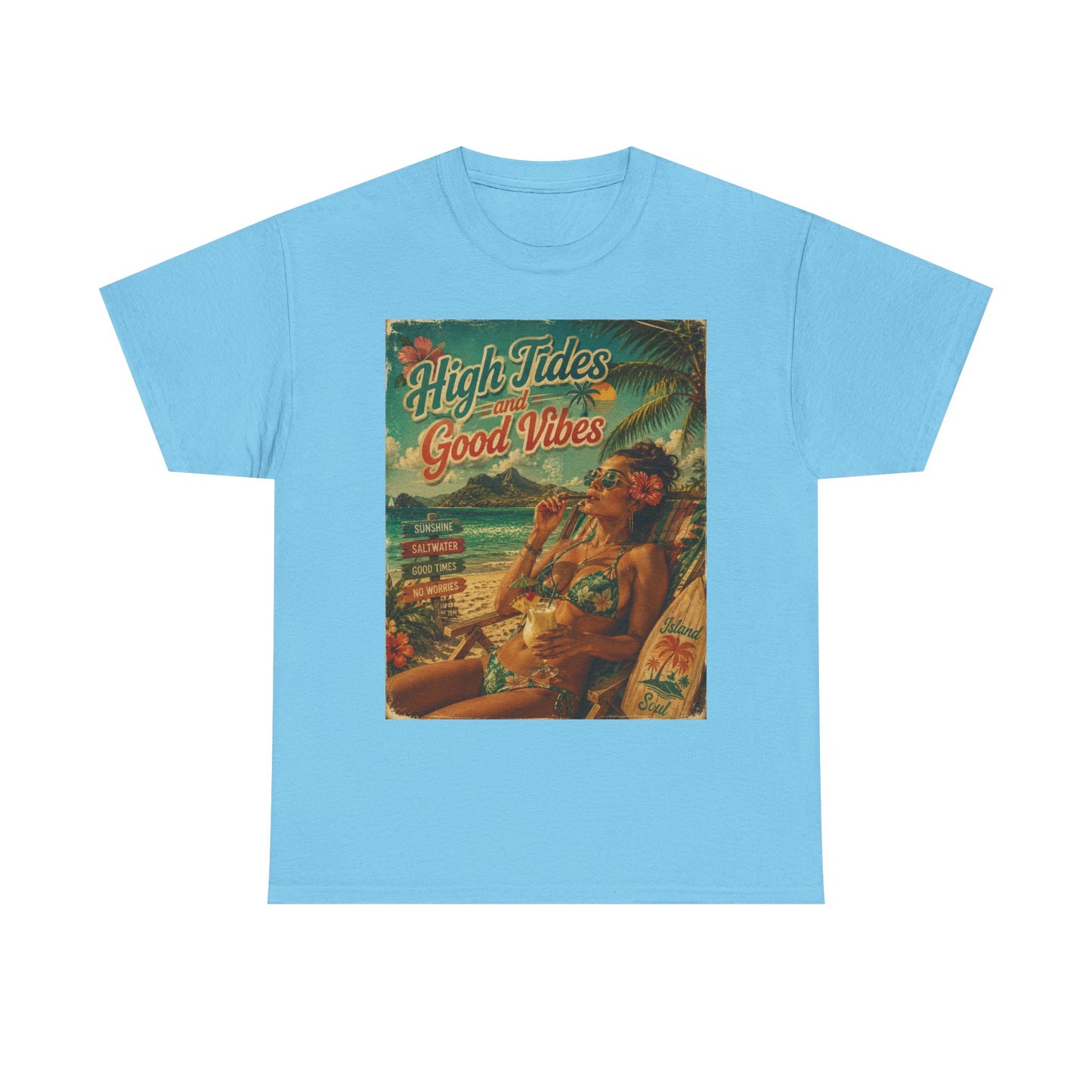 High Tides Good Vibes Surf Poster T-Shirt | Vintage Beach Scene