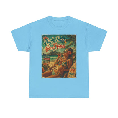 High Tides Good Vibes Surf Poster T-Shirt | Vintage Beach Scene