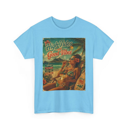 High Tides Good Vibes Surf Poster T-Shirt | Vintage Beach Scene