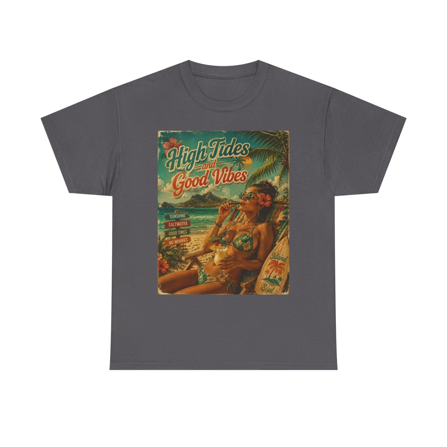 High Tides Good Vibes Surf Poster T-Shirt | Vintage Beach Scene
