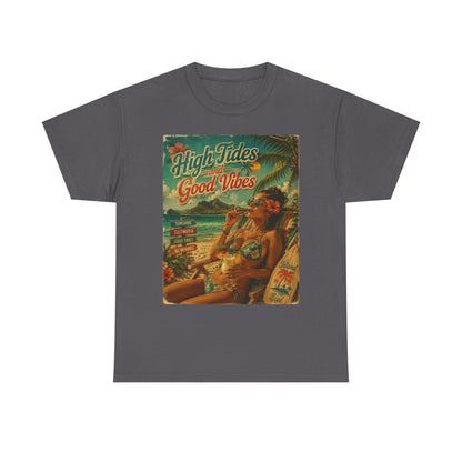 High Tides Good Vibes Surf Poster T-Shirt | Vintage Beach Scene
