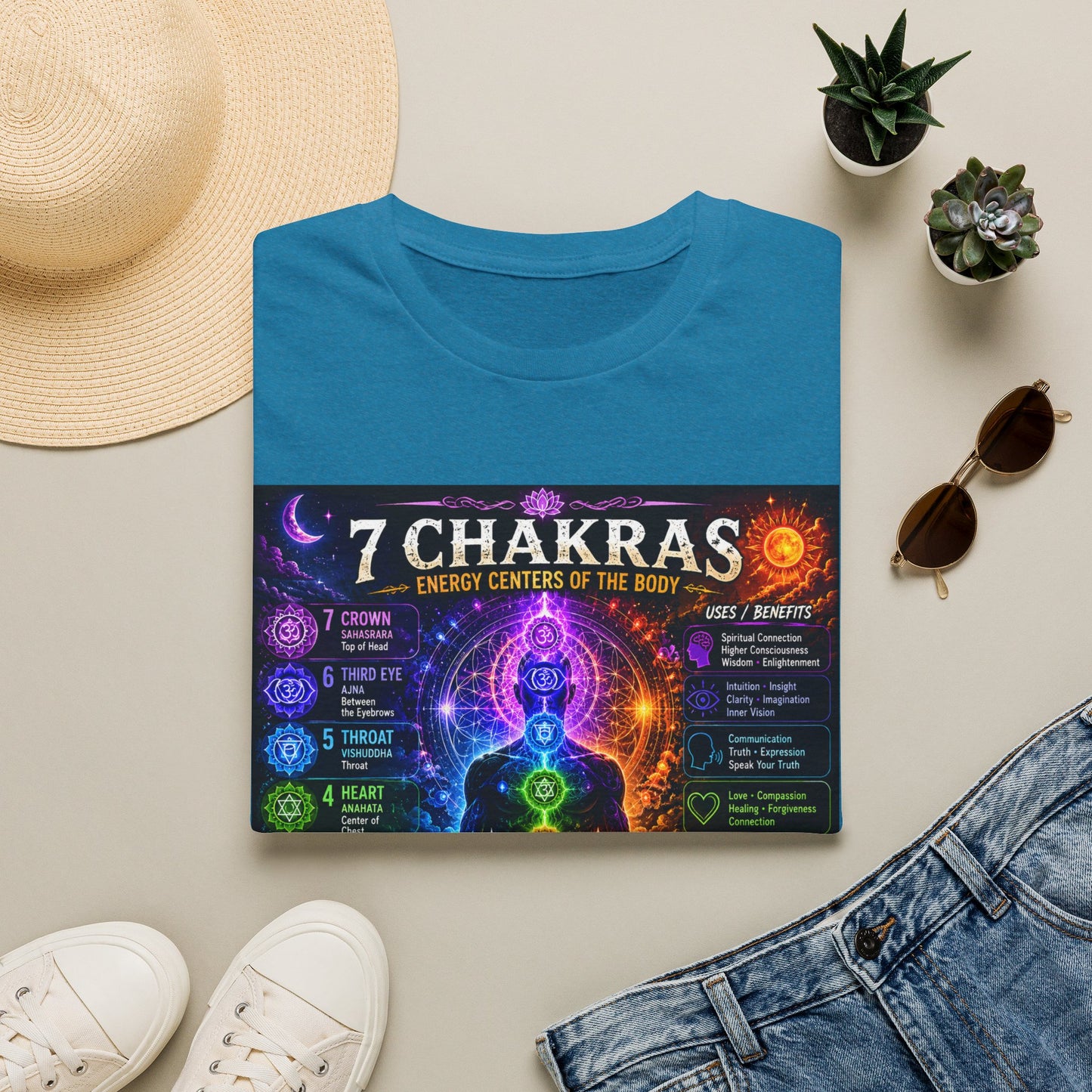 7 Chakras Energy Centers T-Shirt | Chakra Alignment Illustration