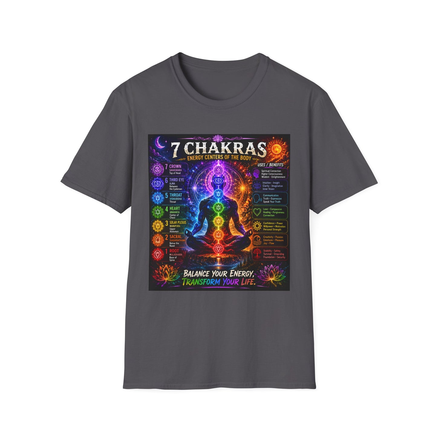 7 Chakras Energy Centers T-Shirt | Chakra Alignment Illustration