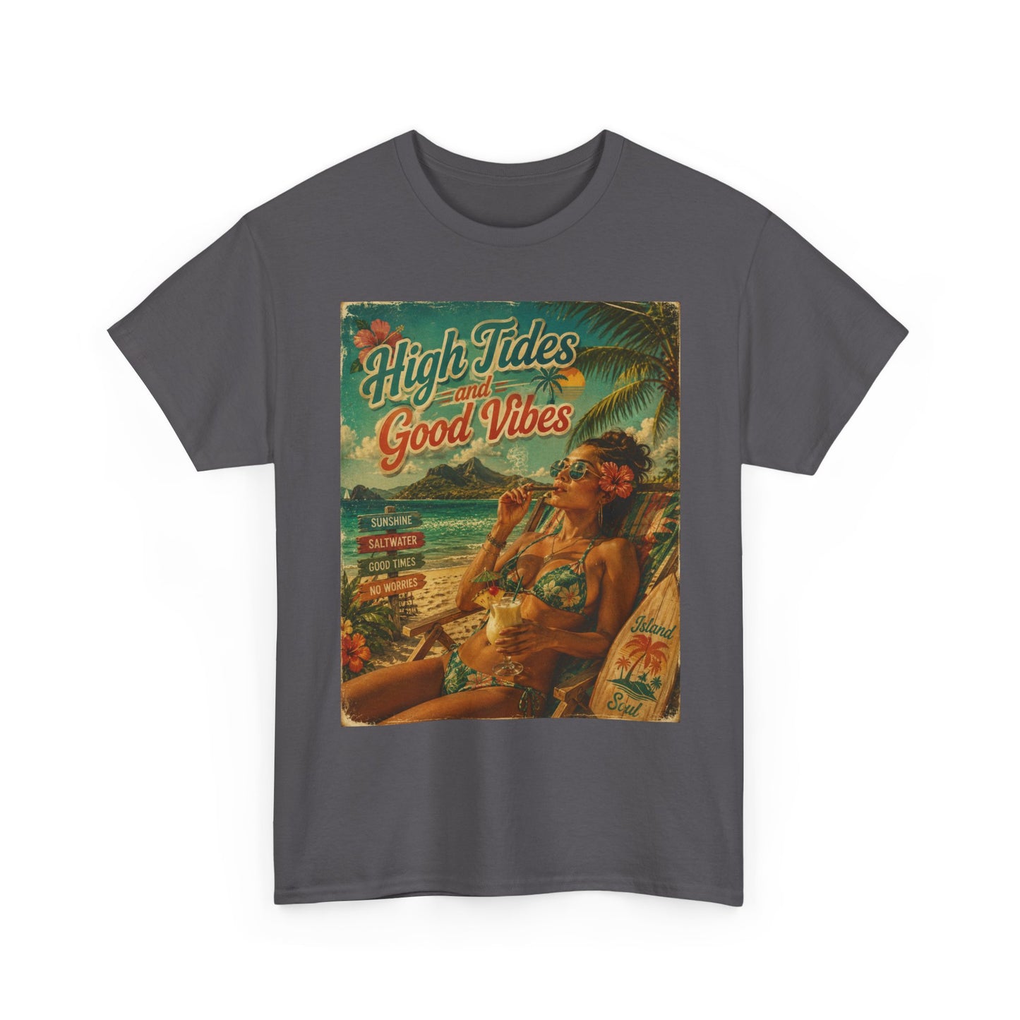 High Tides Good Vibes Surf Poster T-Shirt | Vintage Beach Scene