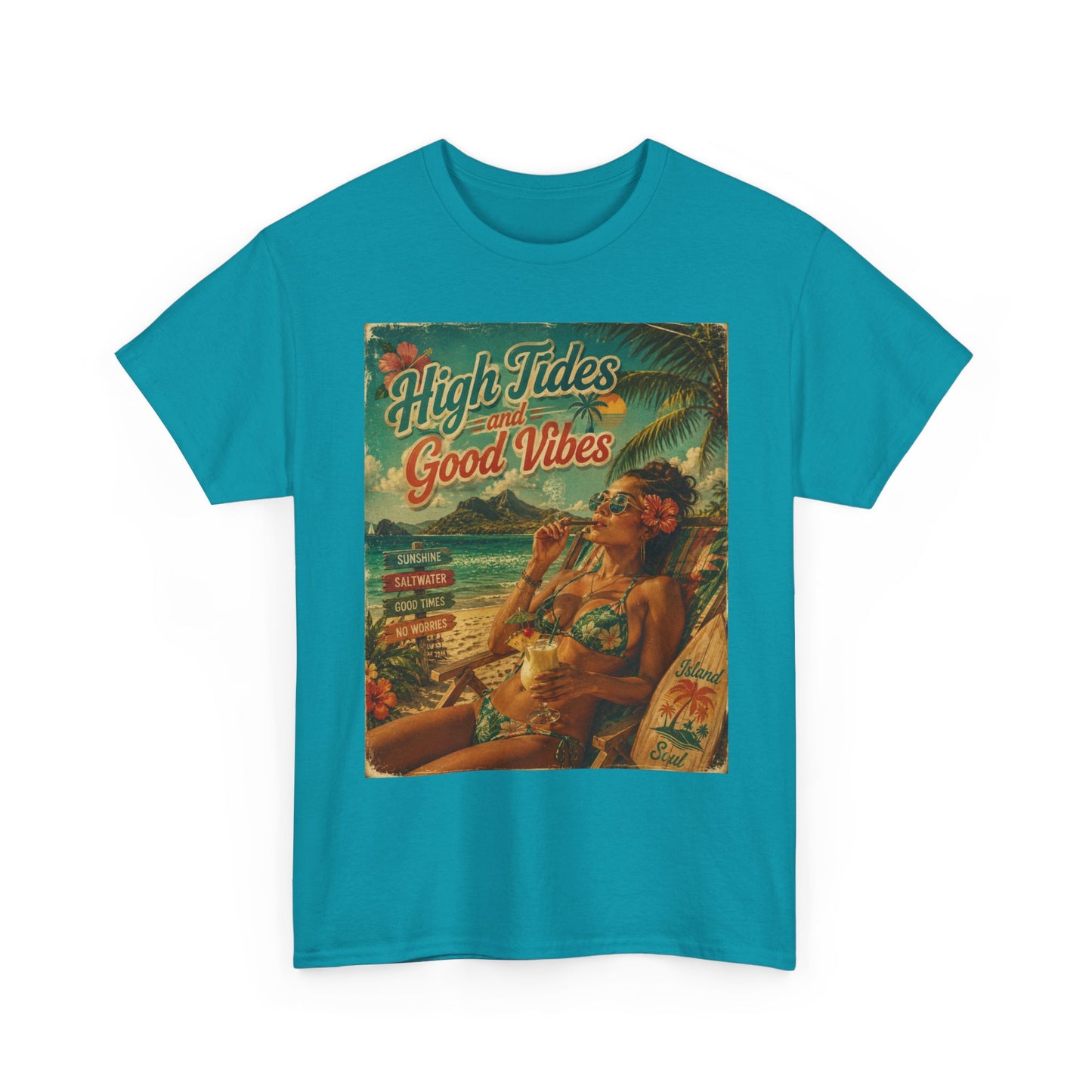 High Tides Good Vibes Surf Poster T-Shirt | Vintage Beach Scene