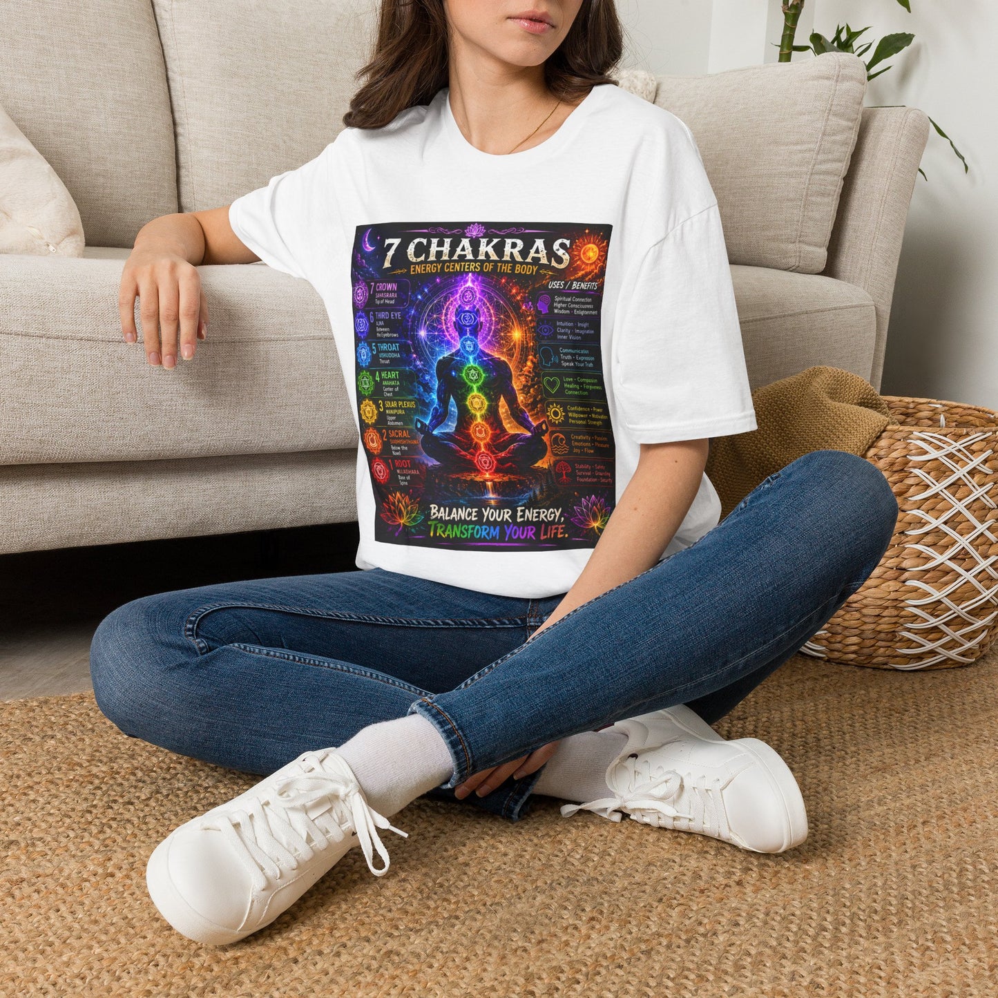 7 Chakras Energy Centers T-Shirt | Chakra Alignment Illustration