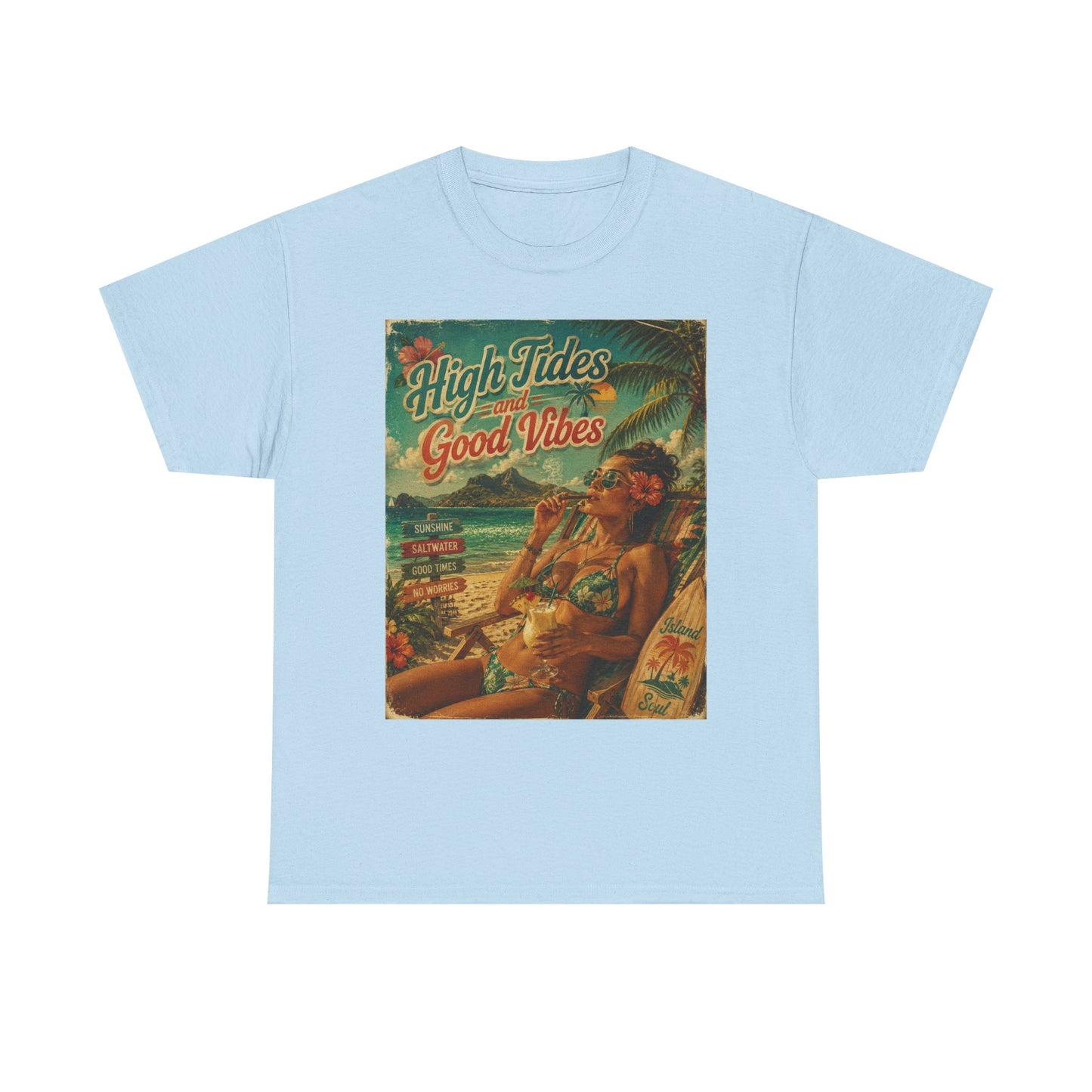 High Tides Good Vibes Surf Poster T-Shirt | Vintage Beach Scene