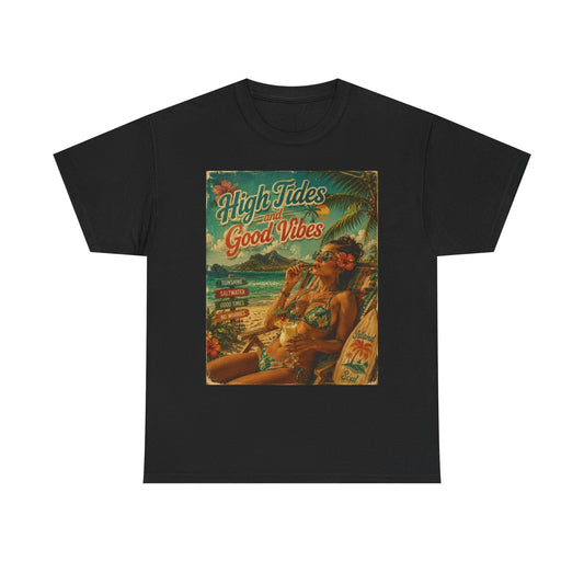High Tides Good Vibes Surf Poster T-Shirt | Vintage Beach Scene