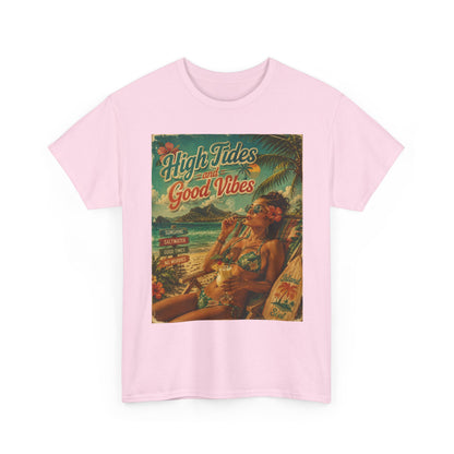 High Tides Good Vibes Surf Poster T-Shirt | Vintage Beach Scene