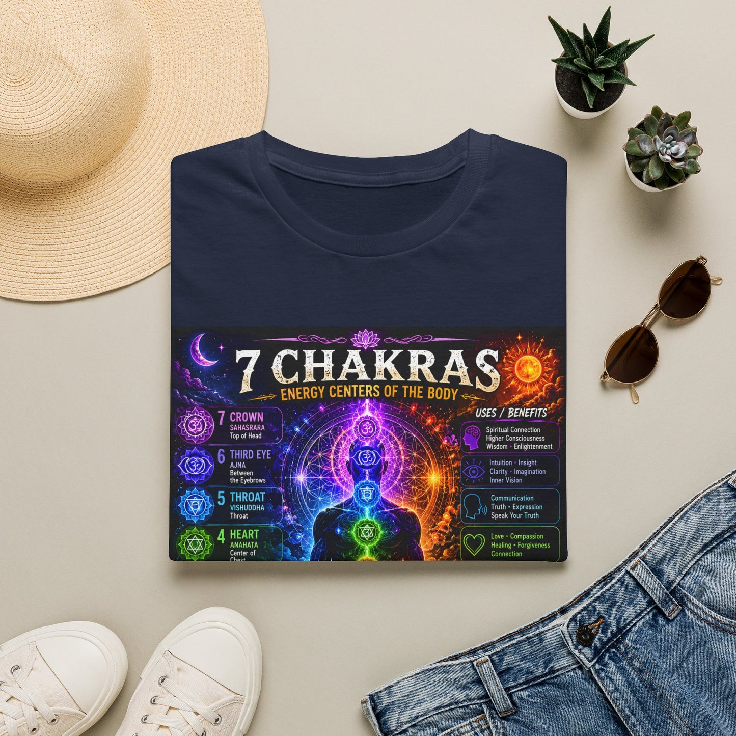 7 Chakras Energy Centers T-Shirt | Chakra Alignment Illustration