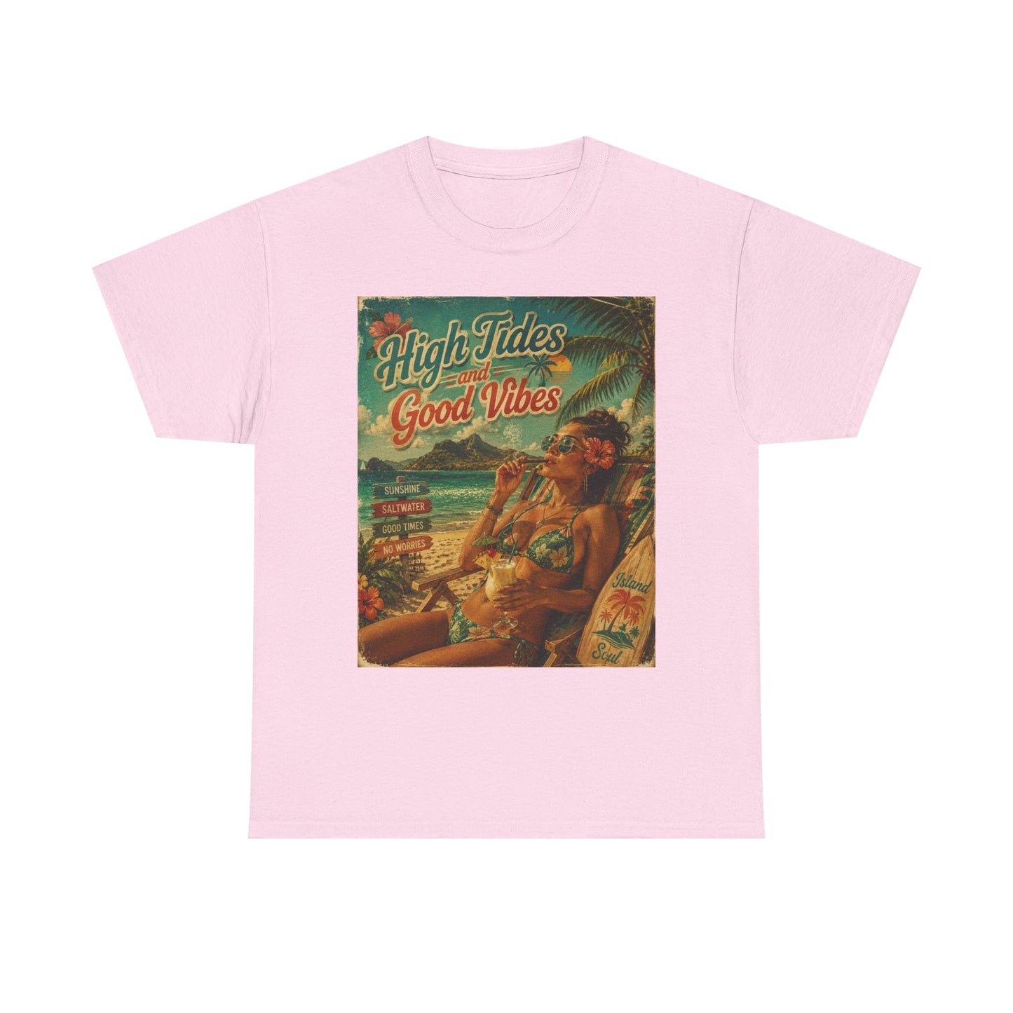High Tides Good Vibes Surf Poster T-Shirt | Vintage Beach Scene