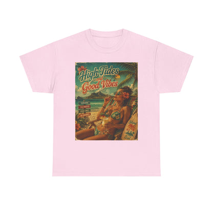 High Tides Good Vibes Surf Poster T-Shirt | Vintage Beach Scene