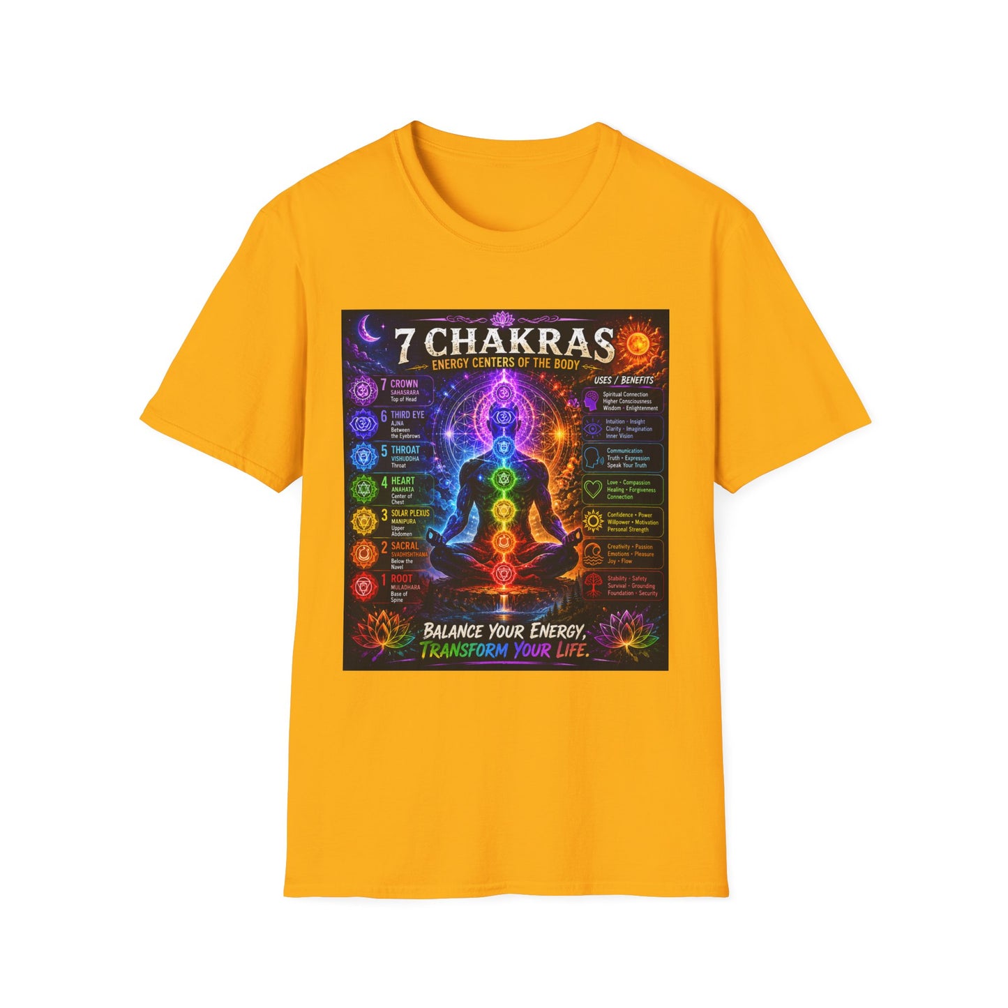 7 Chakras Energy Centers T-Shirt | Chakra Alignment Illustration