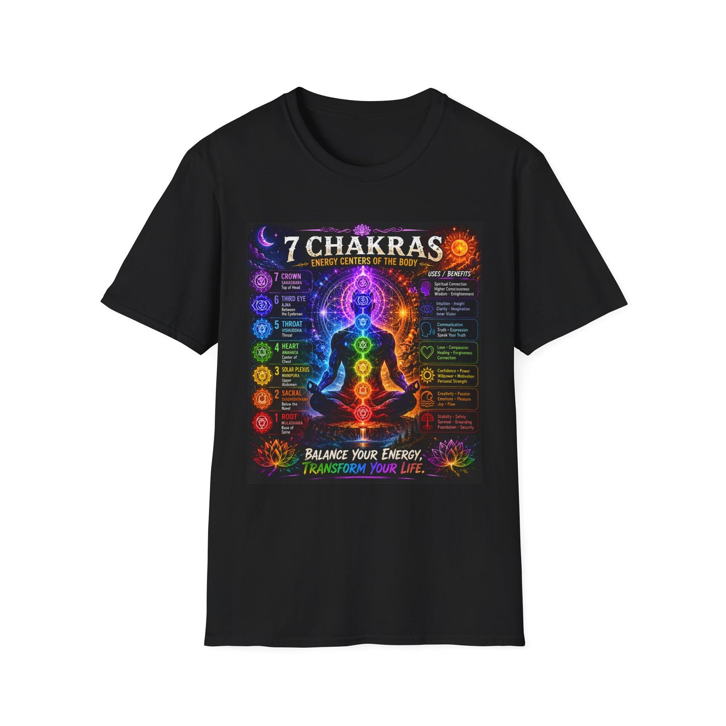7 Chakras Energy Centers T-Shirt | Chakra Alignment Illustration